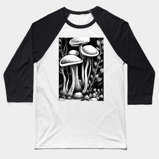 INK BLACK AND WHITE BUNCH OF MUSHROOMS Baseball T-Shirt by sailorsam1805